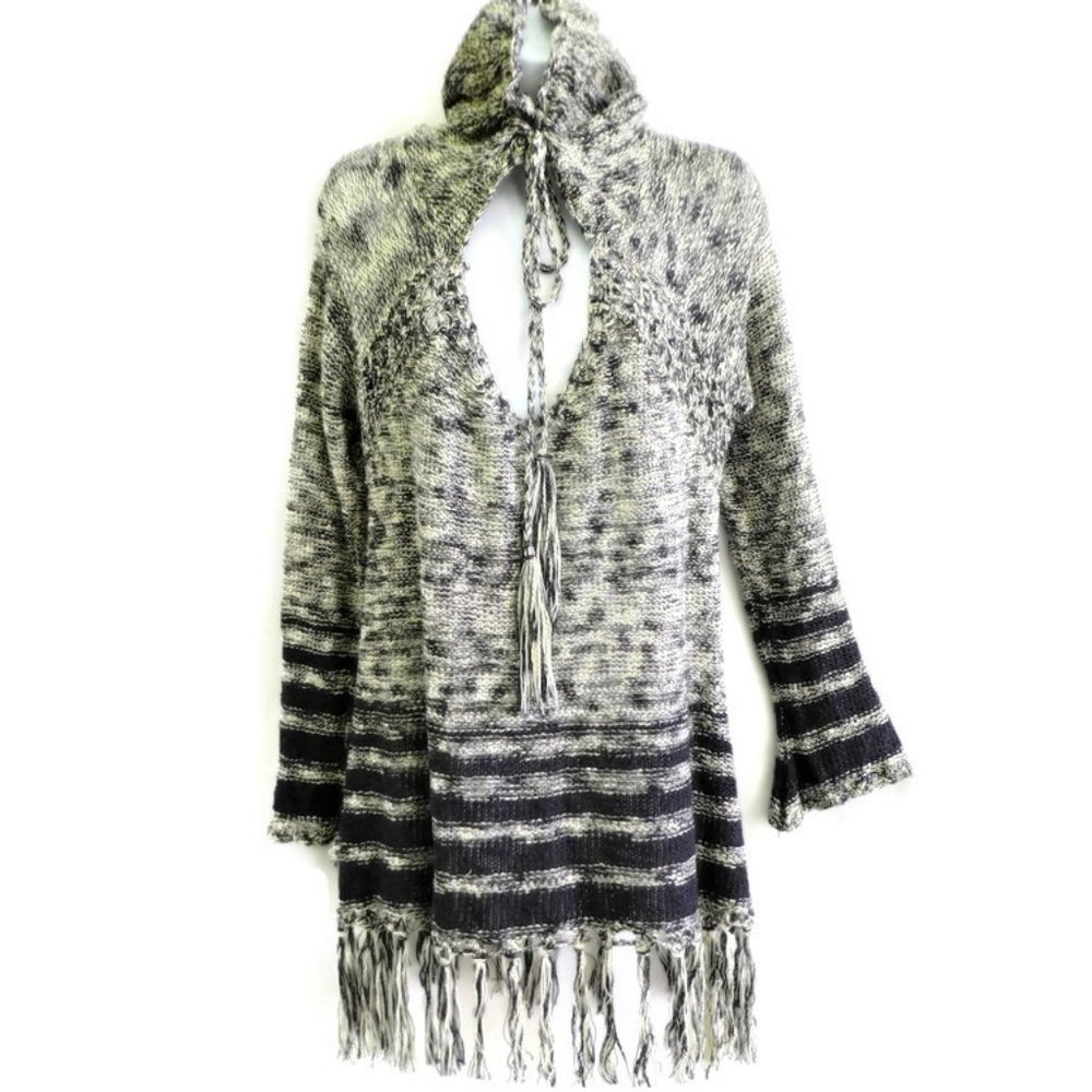 Paper Crane Knit Sweater Hoodie Marled Space Dye Fringe No Itch Acrylic Hippie S
